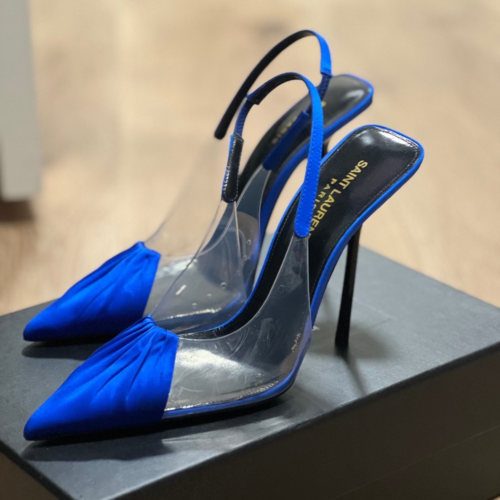 CHICA PVC AND SATIN SLINGBACK PUMPS IN BLUE